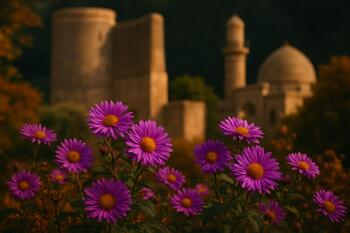 Баку: осенние астры у каменной стены