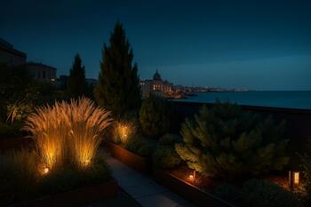 Баку. Крыша с террасным садом: злаки, можжевельник и подсветка, вид на Каспий