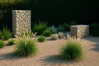 После: двор с габионами и злаками