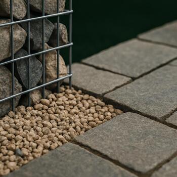 Деталь: стык гравия и плитняка у габиона