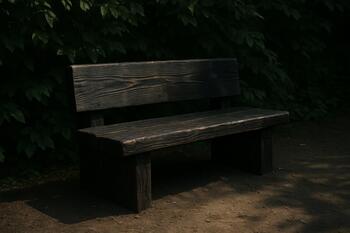 Скамья из обожжённой древесины в тени кустарников