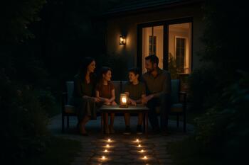 Семья в вечернем саду на террасе