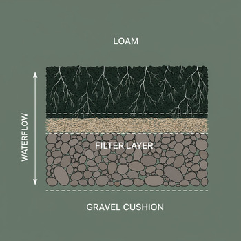 Разрез участка: суглинок, щебёночная подушка