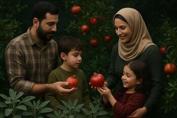 Гянджа. Семья на фоне молодого садика с гранатами и шалфеем