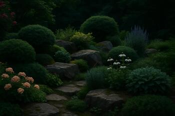 Дневной вид садовой дорожки и каменной стенки