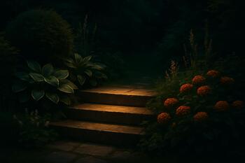 Ночной вид: мягкая подсветка дорожки и растений