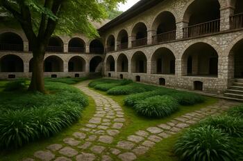 Шеки. Внутренний дворик с каменной дорожкой, мохом и теневыми злаками