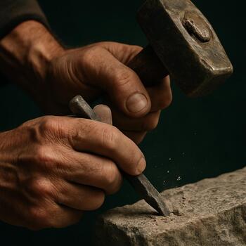 Руки камнетёса на известняке